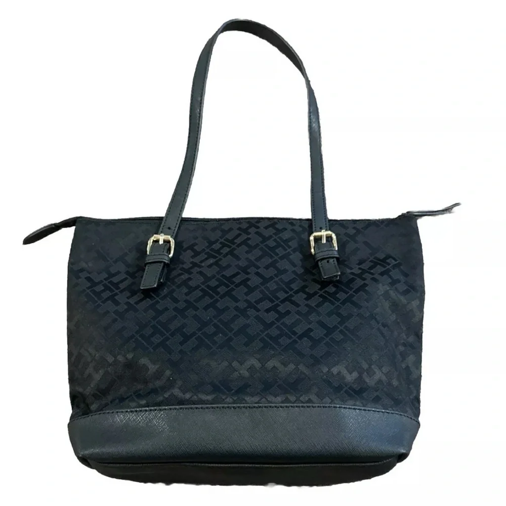 Tommy Hilfiger Black Medium Size Signature Logo Tote Shoulder Bag w/ Purse Charm